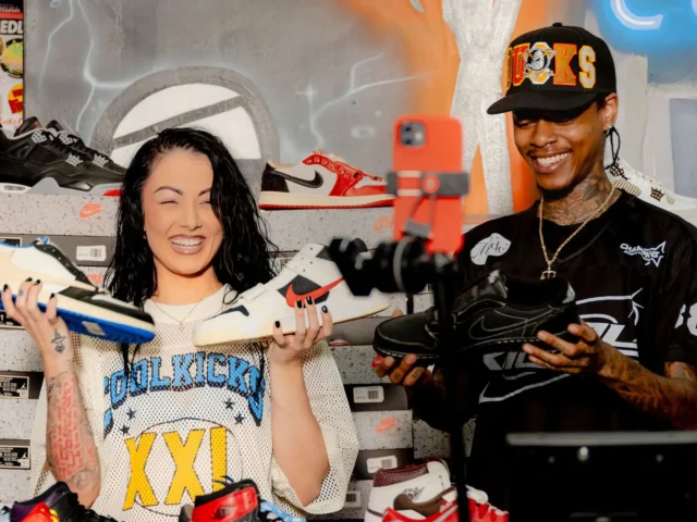 two people shopping for sneakers